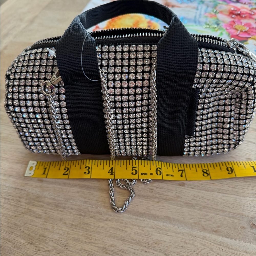 Sparkly Rhinestone Mini Barrel Bag ✨ Silver Crystal Evening Bag w/ Chain Strap - Picture 2 of 6